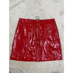 Faux red leather mini zip up skirt costume sexy holiday size Small